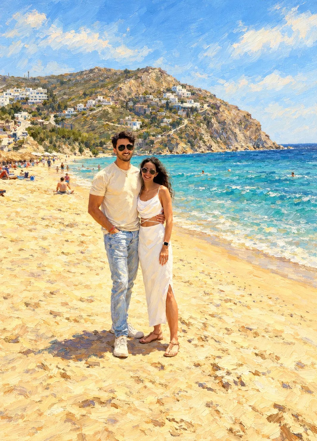 Amanda and Alexander on the beach in Mykonos, Greece